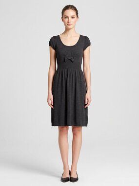 Cottagecore Knit A-Line Midi grey Dress Bow Accent  Business casual Workwear  12